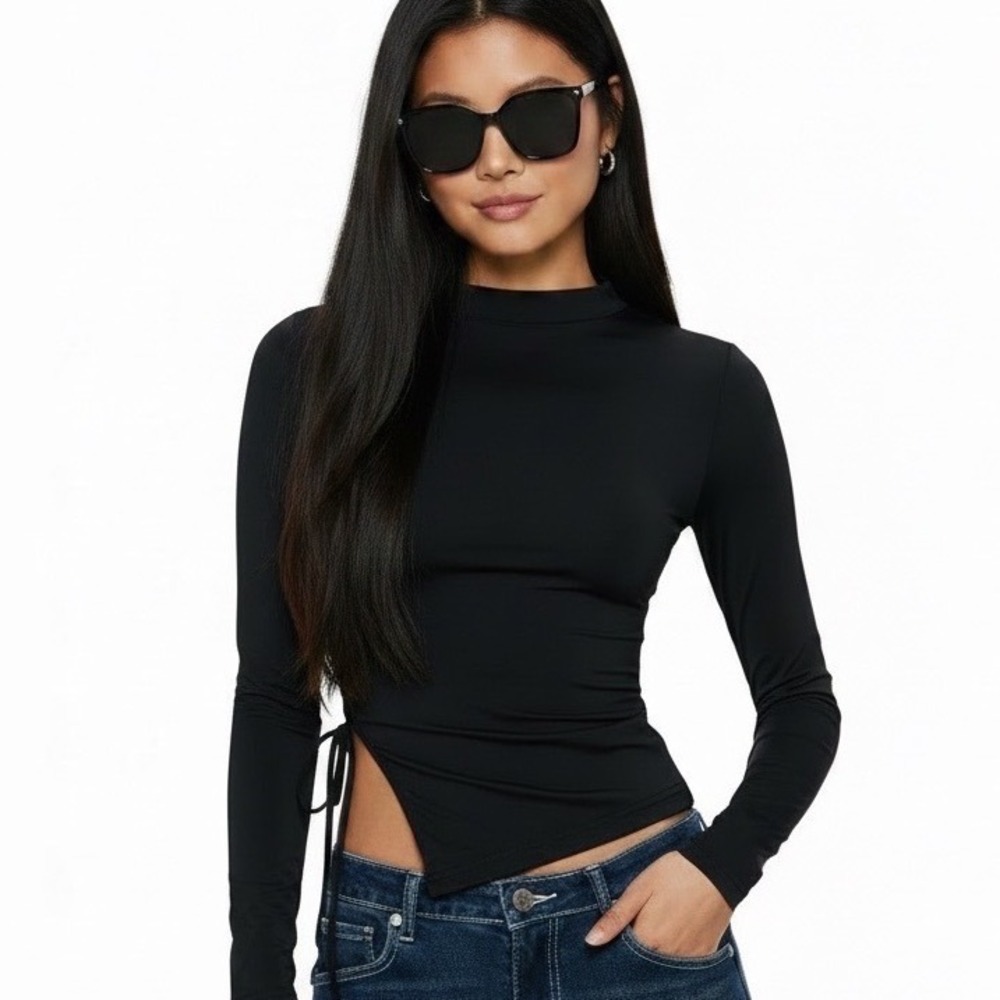 Princess Polly Black Long Sleeve Asymmetrical Tie Side Top US 4 Lower Impact